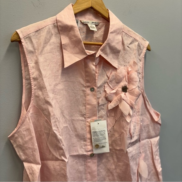 NWT Edward Woman 2X Linen Button Shirt Top Pink Flower appliqué beaded - Picture 7 of 12